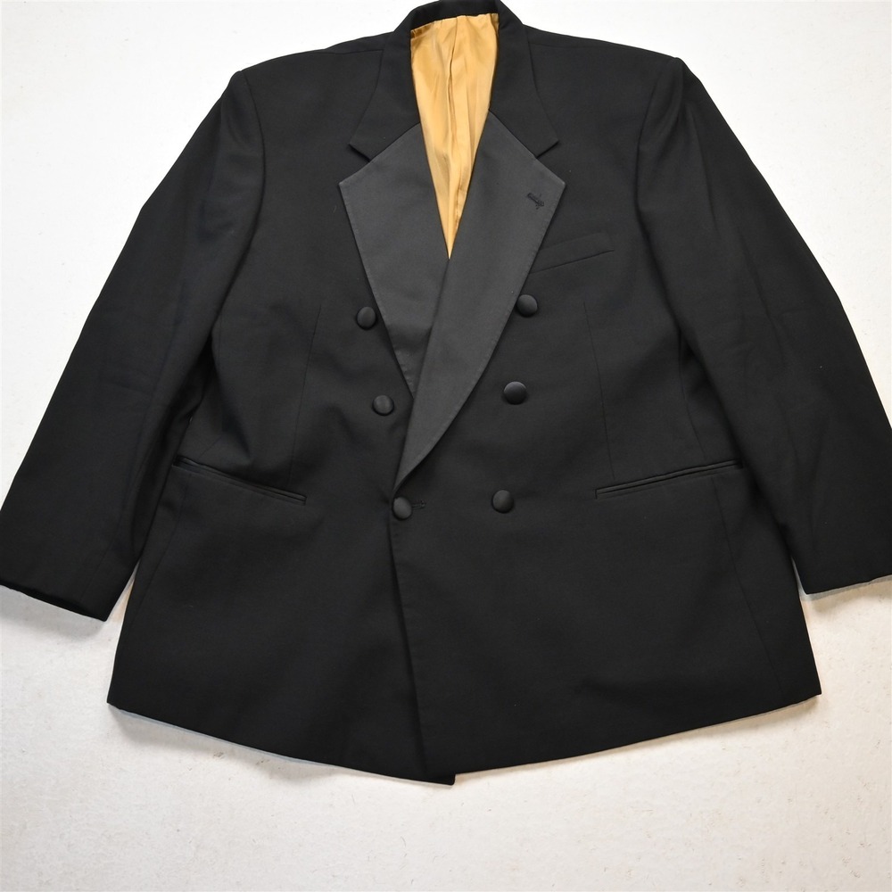 Vtg USA 48R Black 100% Wool Double Breasted Tux Tuxedo Jacket Sport Coat
